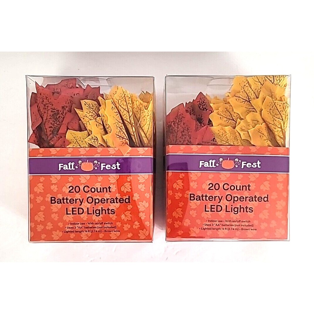Set Of 2 Fall Fest Maple Leaves Garland/String Lights Battery Operated 20 LED